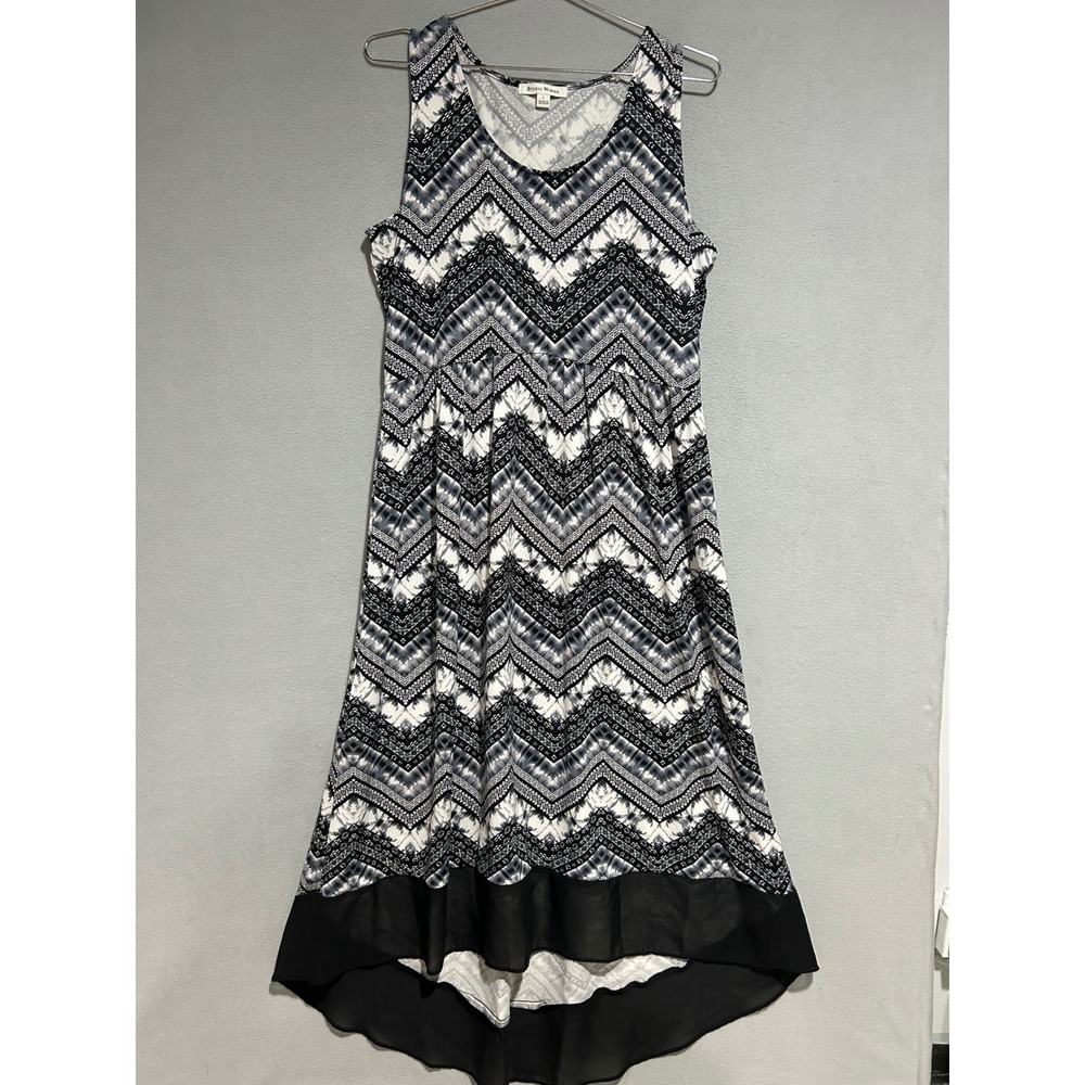Black White Chevron Dress Womens Large High Low Geometric Festival Flowy Summer